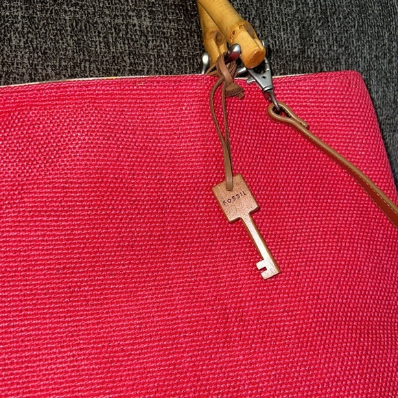 Fossil Bamboo Wooden Handle Woven Satchel Crossbody Pink Purse - Picture 5 of 12